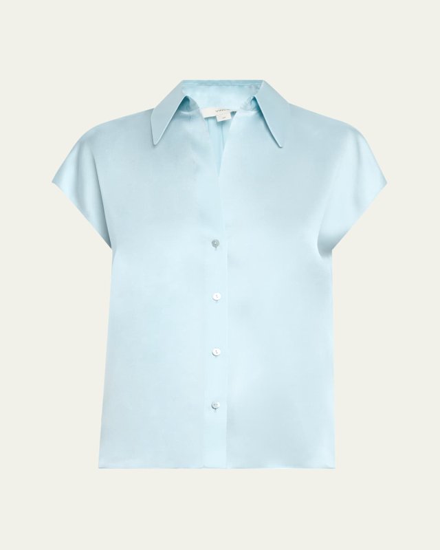 Cap-Sleeve Ruched-Back Silk Blouse